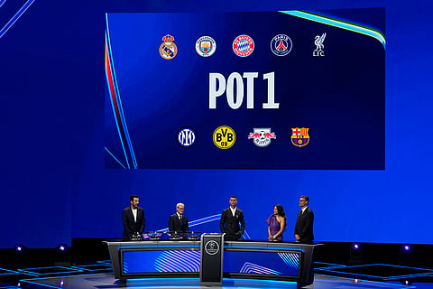 2024-25 UEFA Champions League Draw: Gianluigi Buffon, UEFA's Giorgio Marchetti and Cristiano Ronaldo in Monaco